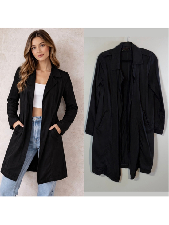 DRESSFORUM Jackets & Blazers - Dress Forum Tencel Trench Coat Jacket Women’s Small Black Open Front Pockets